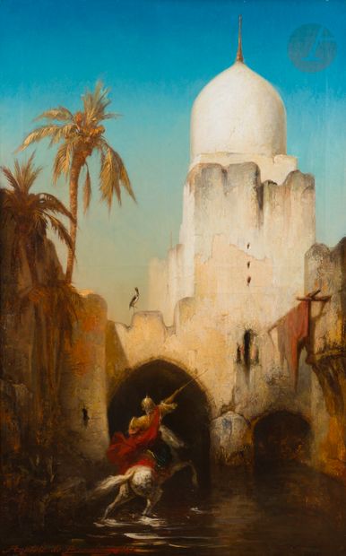  Anatole Henri de BEAULIEU (1819-1884 )Rider in front of the medina, 1858Oil on canvas....
