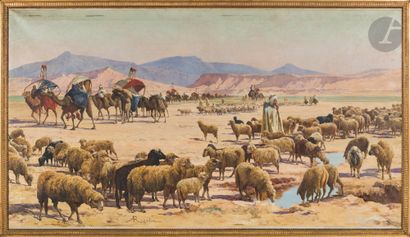  Albert-Gabriel RIGOLOT (1862-1932) Méharistes et gardien de moutons Huile sur toile....