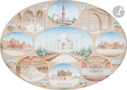 null Panneau de miniatures représentant des monuments moghols, Inde, Company School,...