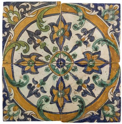 null Two panels of four tiles with floral rosette decoration, Tunisia, Qallaline,...