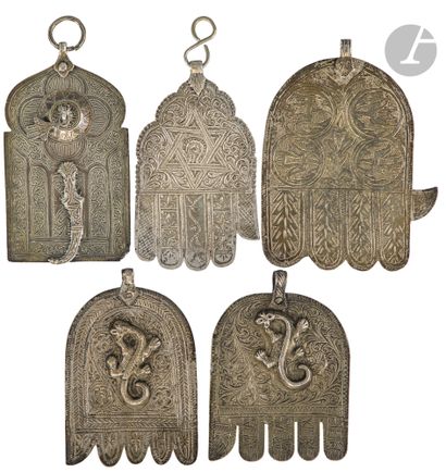 Set of five silver talismanic plates, Morocco,...