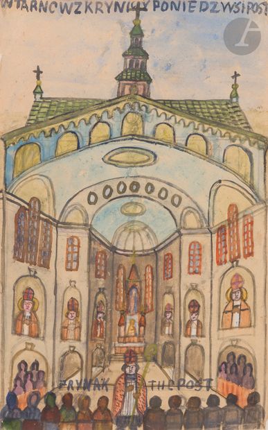 null Nikifor KRYNICKI (1895-1966)
Intérieur d'une église
Aquarelle.
Annotée.
(Déchirure...