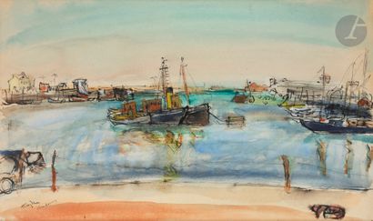 null Henri HAYDEN (1883-1970)
Le Port de Cherbourg
Gouache.
Signée et située en bas...