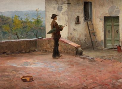  Arturo FALDI (1856-1911) L’Attente Huile sur toile. Signée en bas à droite. 50,5 x 67...