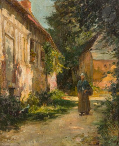 A. RAVENEL (XIXe siècle) Paysanne devant sa maison Huile sur toile. Signée en bas...