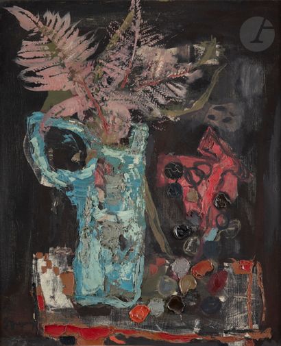 null Jean-Claude DRAGOMIR (1931-1965)
Pichet de fleurs et raisins
Huile sur toile.
Signée...