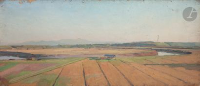 null Eugène Robert POUGHÉON (1886-1955
)The FieldsOil
on cardboard nailed on frame.
Stamp...