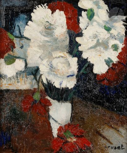 null Roger CRUSAT (1917-1994)
Nature morte aux fleurs blanches, 1967
Huile sur toile.
Signée...