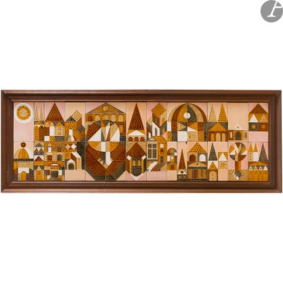  ROGER CAPRON (1922-2006) Village orthodoxe russe Panneau constitué de carreaux de...