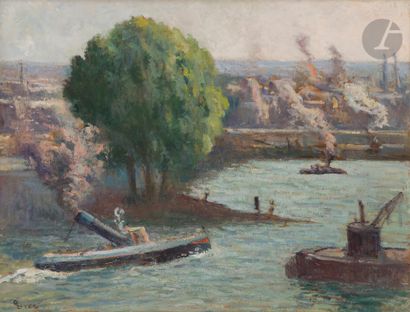  Maximilien LUCE (1858-1941) Rouen, le remorqueur sur la Seine, 1920 Huile sur carton....