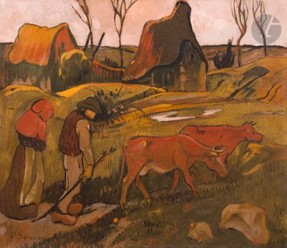null Paul SÉRUSIER (1864-1927
)Couple of peasants leading two cows, circa 1888-1890Oil
on...
