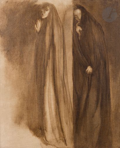  Eugène CARRIÈRE (1849-1906) Femmes au pied de la croix Huile sur toile contrecollée...