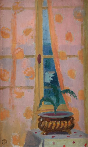  Maurice DENIS (1870-1943) Fenêtre à la jardinière, vers 1912 Huile sur carton. Timbrée...