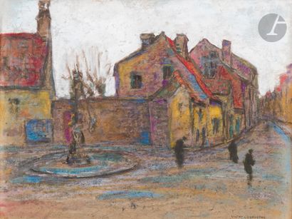  Victor CHARRETON (1864-1936) Fontaine sur la place d’un village - Jardin vu de la...