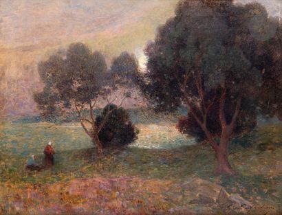  Ferdinand du PUIGAUDEAU (1864-1930) Clair de lune entre les arbres{CR }Huile sur...