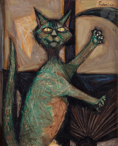  Mario PRASSINOS (1916-1985 )Cat, 1944Oil on isorel. Signed and dated upper right....