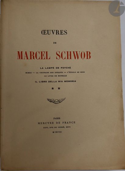 null SCHWOB (Marcel).
Œuvres.
Paris : Mercure de France, 1921. — 2 volumes in-8,...