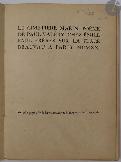 null *VALÉRY (Paul).
Le Cimetière marin, poème.
Paris : Émile Paul frère, 1920. —...