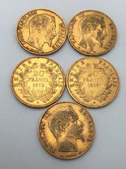 5 pièces de 20 Francs en or.Type Napoléon...