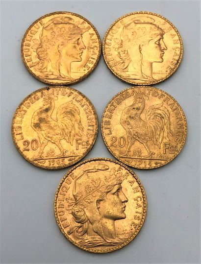  5 pièces de 20 Francs en or. Type Coq. 1905 - 1909 - 1910 - 1914 (2)