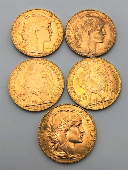 5 pièces de 20 Francs en or. Type Coq. 1907...