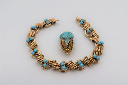 Bracelet et pendentif en or (18K) et turquoises....