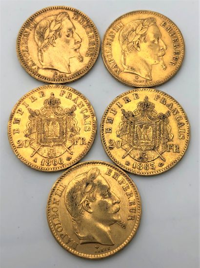 null 5 pièces de 20 Francs en or. Type Napoléon III lauré.1863 BB - 1865 A - 1866...