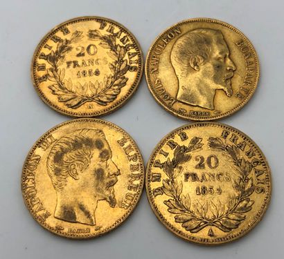 4 pièces de 20 Francs en or. Type Napoléon...