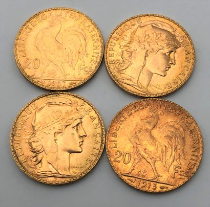  4 pièces de 20 Francs en or. Type Coq. 1907 - 1913 - 1914 (2)