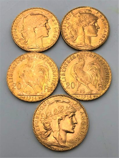 5 pièces de 20 Francs en or. Type Coq. 1909...