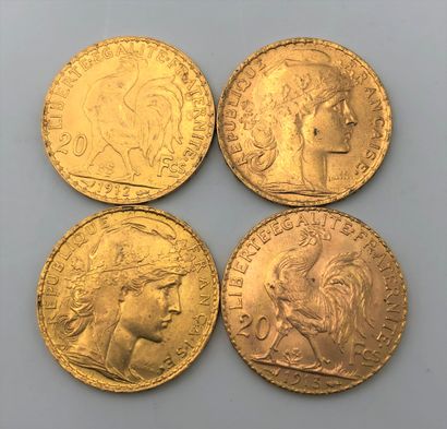 4 pièces de 20 Francs en or. Type Coq. 1904...