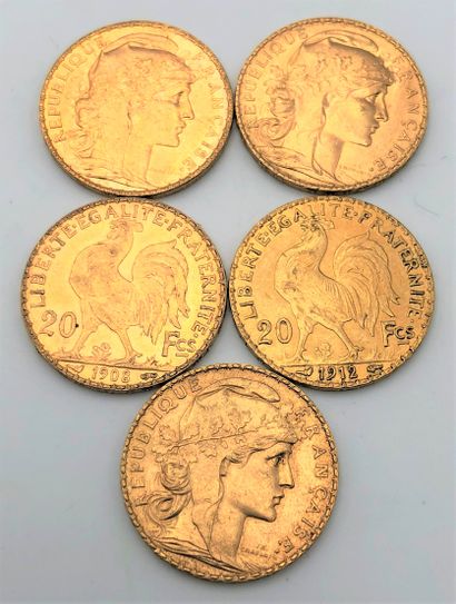  5 pièces de 20 Francs en or. Type Coq. 1903 - 1908 - 1912 - 1914 (2)