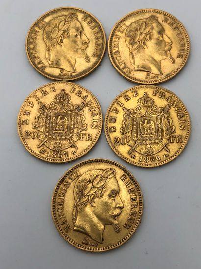  5 pièces de 20 Francs en or. Type Napoléon III Lauré.1864 A (2) - 1866 BB - 1867...