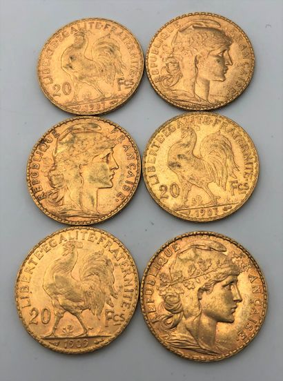 6 pièces de 20 Francs en or. Type Coq. 1907...