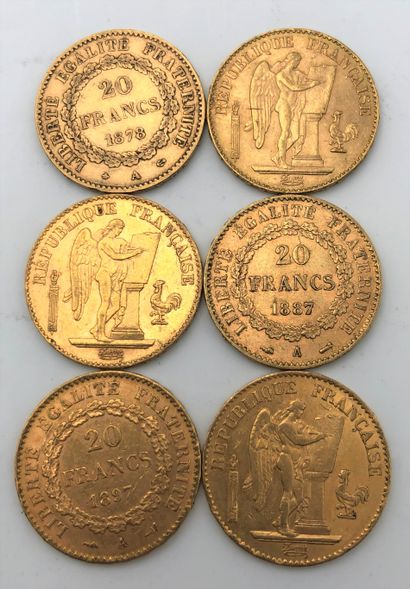6 pièces de 20 Francs en or. Type Génie....