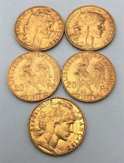  5 pièces de 20 Francs en or. Type Coq. 1901 - 1904 - 1907 - 1908 - 1914