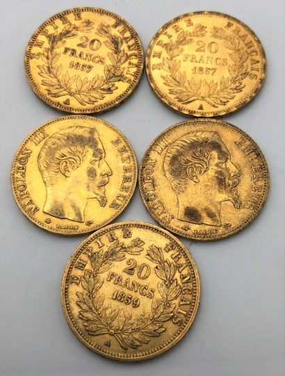 5 pièces de 20 Francs en or. Type Napoléon...