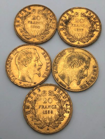 5 pièces de 20 Francs en or. Type Napoléon...