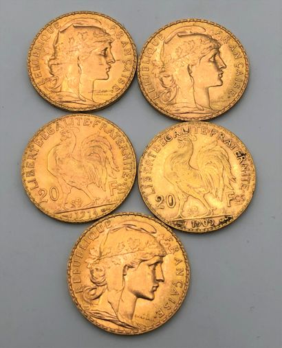 5 pièces de 20 Francs en or. Type Coq. 1909...