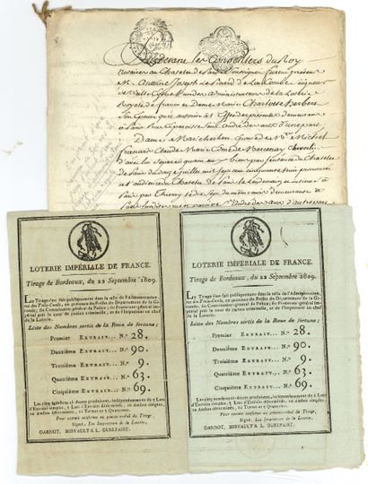 null LOTERIE. Un document manuscrit et 11 documents imprimés, 1776 et 1809-1904.

Expédition...