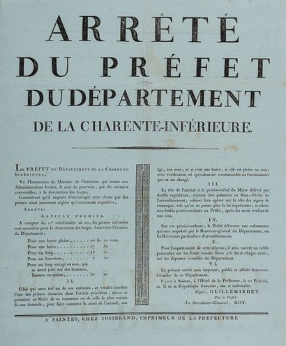  AGRICULTURE, CHASSE et FORÊTS. 9 affiches, 1793-1815, impr. de Saintes (1 de La...