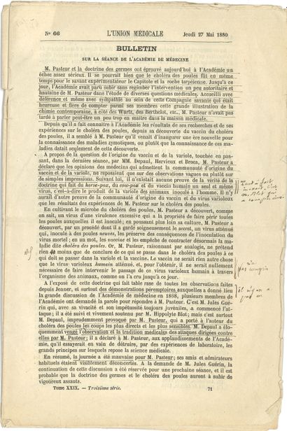 null Louis PASTEUR (1822-1895). Notes autographes, en marge d’un numéro de L’Union...