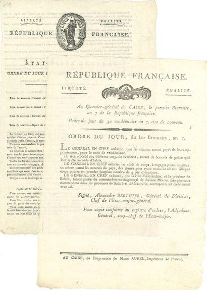 Campagne d’ÉGYPTE. 2 imprimés du Caire, 1798-1799 ;...