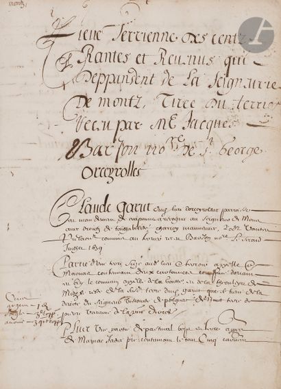  AUVERGNE. Registre terrier manuscrit, Lieue terrienne de Montz, [XVIIe-XVIIIe siècle] ;...