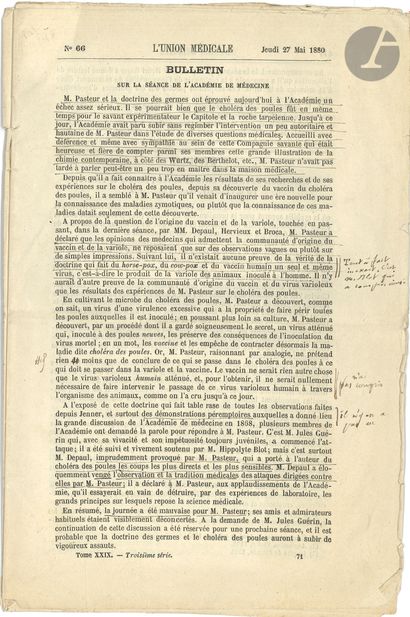 null Louis PASTEUR (1822-1895). Notes autographes, en marge d’un numéro de L’Union...