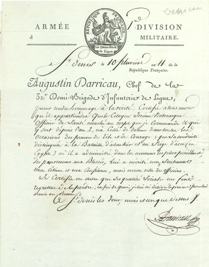 null GÉNÉRAUX. 4 L.S. ou P.S., 1794-1803.

Antoine Aubugeois (copie conforme d’une...