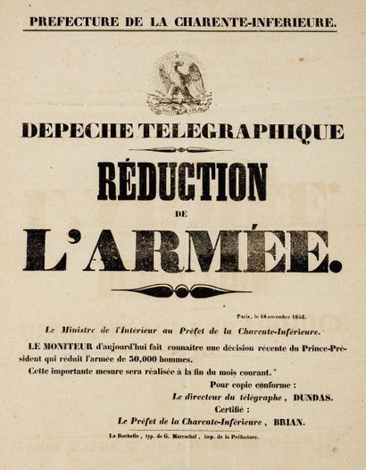 null MILITARIA. 24 affiches, 1806-1877, impr. d’Albi, Paris, Saintes, La Rochelle ;...