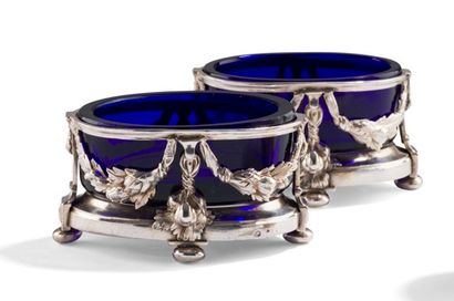  PARIS 1776 - 1777 Pair of silver saltcellars with blue glass interiors. Of oval...