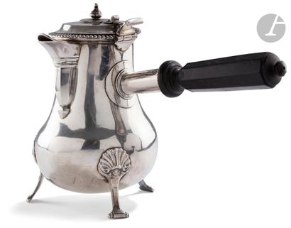  MID 18th CENTURY Silver tripod chocolatier, the feet with scrolls with attachments...