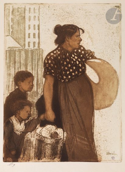 null *THÉOPHILE ALEXANDRE STEINLEN (1859-1923)
Ménagère et enfants rentrant du lavoir....